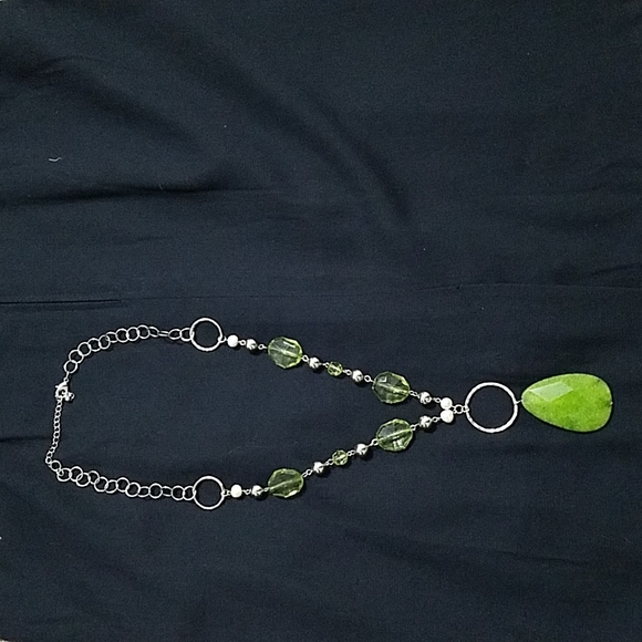 Silver Tone Necklace w Green Pendant, Cultured Pearls - Picture 1 of 7